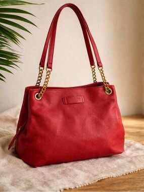 American Leather Co Liberty Shopper Hobo Bag Red Leather Tote Gold Chain Purse